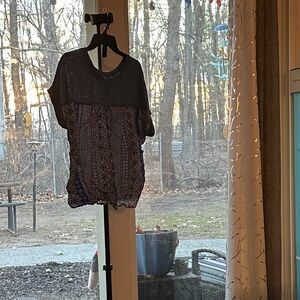 Source Unknown Two-Tone Short Sleeve Boho Blouse - Navy